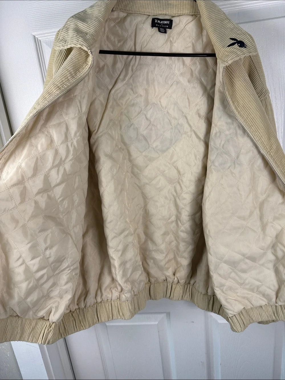 PacSun Beige Corduroy Bomber Jacket with Navy 'PB' Applique